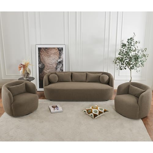 KINWELL 85" Boucle Upholstered Sofa with 2 Swivel Chairs, Teddy Brown | No Assembly Sherpa Living Room Furniture Sets, 3-Seater Couch Settee and Barrel Chairs Armchairs for Small Spaces Apartment - color: Teddy Brown, size: Sofa + 2 Chairs