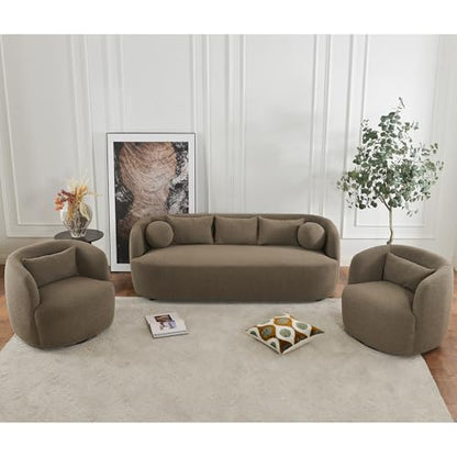 KINWELL 85" Boucle Upholstered Sofa with 2 Swivel Chairs, Teddy Brown | No Assembly Sherpa Living Room Furniture Sets, 3-Seater Couch Settee and Barrel Chairs Armchairs for Small Spaces Apartment - color: Teddy Brown, size: Sofa + 2 Chairs