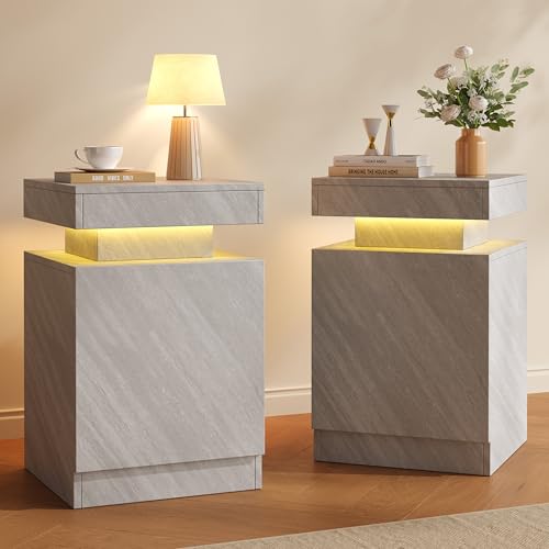 Nightstands Set 2, 15 Inches LED Night Stand Set of 2, Modern Bedside Table with LED Lights, High Gloss Surface, End Table with Storage for Bedroom, Grey - color: Grey-15"