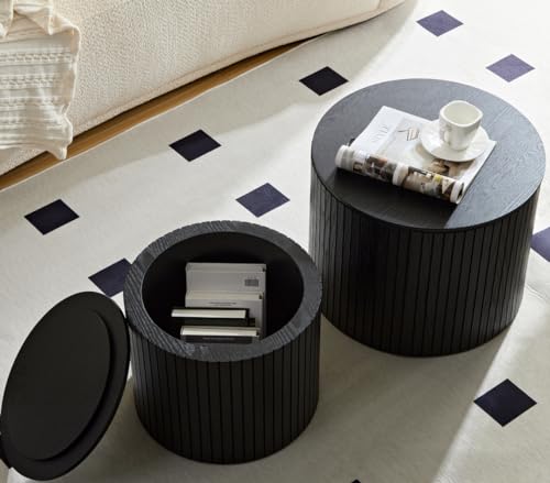 Round Coffee Table Set of 2 for Living Room, Wood Small Nesting Tables with Storage, Circle Side Table, Modern Accent End Table with Moveable Lid for Bedroom,Black - color: Black, size: 19.17"x19.17"x14.96"