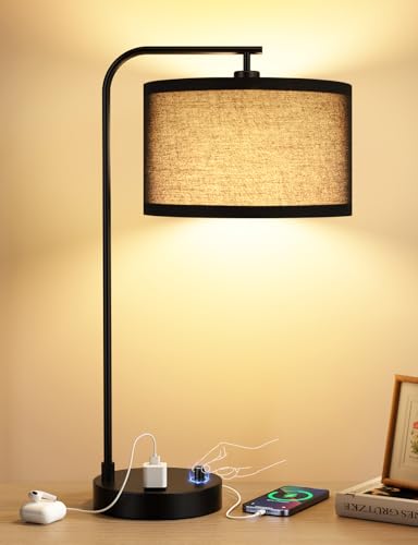 Innqoo Black Table Lamp for Bedroom with USB Port and Outlet, Dimmable Nightstand Bedside Lamps with Linen Lampshade, Desk Lamp for Home Office, Living Room, Guest Room, LED Bulb Included - color: G-Black Shade & Black Base