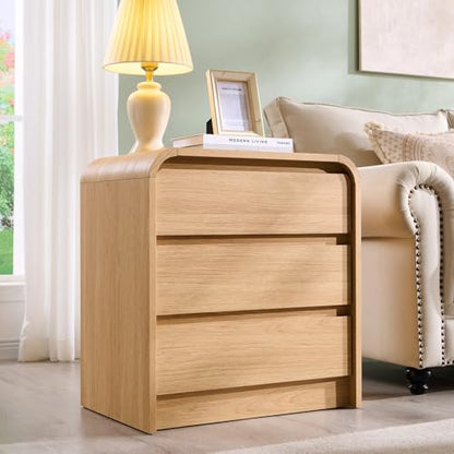 Aitjunz 25" Tall Modern Nightstand with Charging Station, 23.6'' Wide Wood Bedside Table w/3 Storage Drawers, Small Dresser w/Curved Profile Design, End Table for Bedroom, Natural Oak - color: Natural Oak