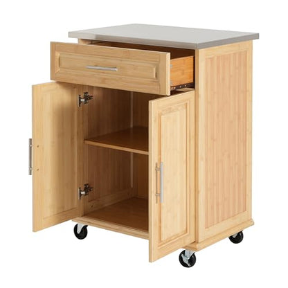 Christopher Knight Home ZAH Bamboo Rolling Cart with Drawers, Kitchen Bar Cart on Wheels with Stainless Steel Top, Mobile Rolling Kitchen Cart Storage Cabinet, Serving Cart, 29.13'' x 18.5'', Natural - size: Small