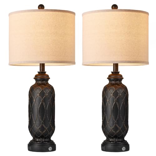 Black Farmhouse Lamps for Living Room Set of 2, 28" Bedroom Lamps Set of 2 with USB Ports, Dimmable Bedside Lamps Nightstand Lamps - color: 5.Black-Gold