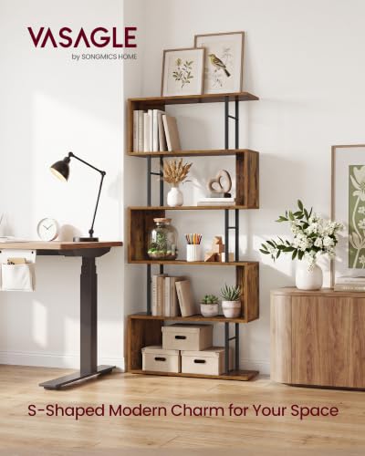 VASAGLE 6-Tier Bookshelf, S-Shaped Wood and Metal Bookcase, Tall Narrow Display Shelf, 23.6 x 9.4 x 62.6 in, for Living Room Storage, Rustic Brown and Matte Black, Barnet Collection ULLS182KD01 - color: Rustic Brown, style: 6-Tier (23.6"W)