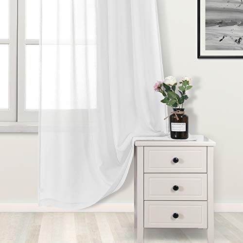 DWCN White Sheer Curtains, Grommet Top Faux Linen Look Voile Semi Transparent Solid Window Sheer Curtains Drapes for Bedroom Living Room, Set of 2 Panels 42 x 95 Inch Long, White - color: White, size: 42"W x 95"L (Pack of 2)