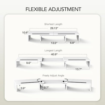 AMERIERGO Dual Monitor Stand Riser- 3 Shelf Screen Stand with Adjustable Length and Angle, 2 Extra Functional Slot Desktop Organizer Stand for PC, Computer, Laptop (White) - color: White