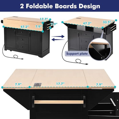 Rolling Kitchen Island with 2 Drop Leaf and Power Outlet, Island Table on Wheels with Towel Rack and Spice Rack, Kitchen Cart with Storage Cabinet and Drawers (Black) - color: Black