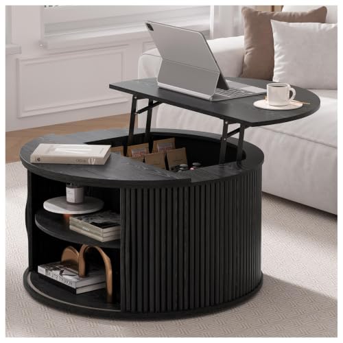 JOINICE Round Lift Top Coffee Table with Storage for Living Room,Black | 31.5" Drum Design,Hidden Storage&Open Shelf,Modern Fluted Center Table for Small Apartments,Easy Assembly,Up to 150 lbs - color: Black_round (Lift Top)
