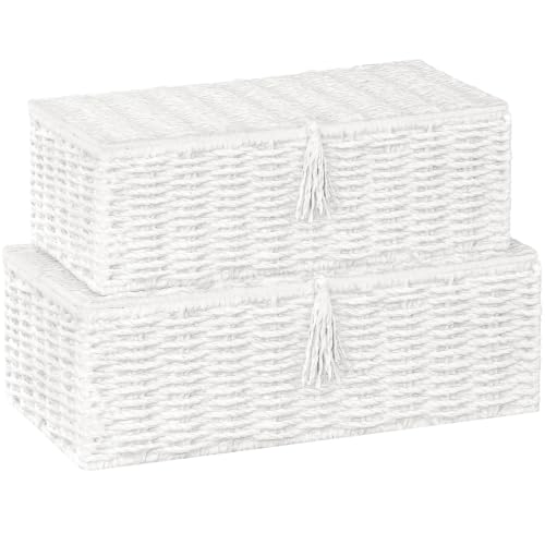 Wicker Shelf Baskets with Lid, Set of 2 Handwoven Wicker Storage Baskets for Shelves, Rectangular Storage Bins with Lids, Decorative Storage Boxes, Small Wicker Baskets for Organizing, White - color: White