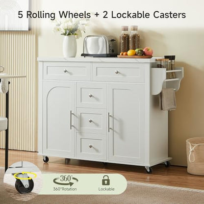 47" Kitchen Island with 2 Storage Cabinets & 5 Drawers, White | Mobile Island Table for Kitchen with Imitation Marble Drop Leaf, Rolling Island Cart with Power Outlet, Spice Rack - color: White