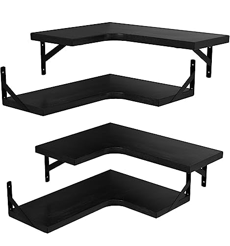 LEOPO Corner Floating Shelves Wall Mounted Set of 4, Corner Wall Shelves | Rustic Wood Storage Display for Home Decor, Bedroom, Living Room, Kitchen, Office, Bathroom, Laundry Room, Black - size: Black 4-Pack