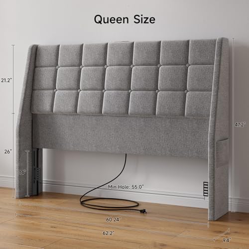 Ergonomic Upholstered Headboard Queen Size w/Charging Station, Linen Wingback Headboards w/Storage Pocket, Queen Headboard Only, Bed Frame Adapters, Sturdy Stable Solid Wood Bed Head Board, Light Grey - color: Gray, size: Queen