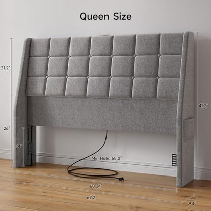 Ergonomic Upholstered Headboard Queen Size w/Charging Station, Linen Wingback Headboards w/Storage Pocket, Queen Headboard Only, Bed Frame Adapters, Sturdy Stable Solid Wood Bed Head Board, Light Grey - color: Gray, size: Queen