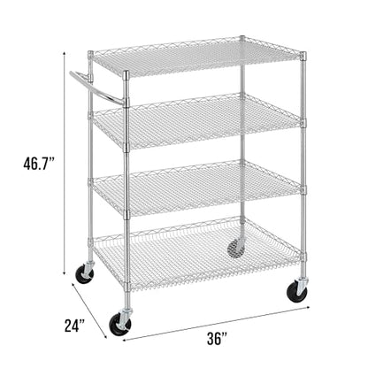 Finnhomy 4 Tier Heavy Duty Commercial Grade Rolling Cart with Handle Bar, Metal Wire Utility Cart with Wheels, Service Trolley on Wheels, Shelf Size 24" D x 36" W, NSF, Chrome - size: 36"L x 24"W x 46.7"H-4 Tier, style: Chrome Cart
