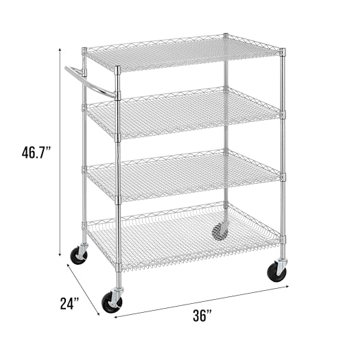 Finnhomy 4 Tier Heavy Duty Commercial Grade Rolling Cart with Handle Bar, Metal Wire Utility Cart with Wheels, Service Trolley on Wheels, Shelf Size 24" D x 36" W, NSF, Chrome - size: 36"L x 24"W x 46.7"H-4 Tier, style: Chrome Cart