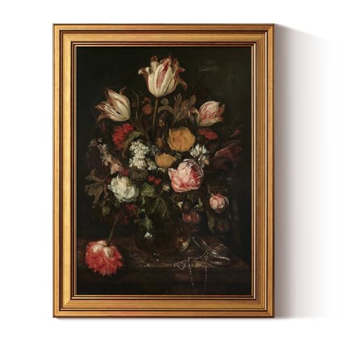 VIYYIEA ﻿Vintage Framed Floral Wall Art, Dark Flower Bouquet Retro Wall Decor, Moody Rose Floral and Tulips Paintings Farmhouse Home Decoration for Living Room Bathroom, 12x16inch - color: Baroque Still Life, size: 16"L x 12"W
