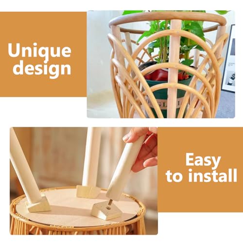 Boho Rattan Plant Stand Indoor Outdoor - Set of 2 (Small & Medium) Wicker Planter Shelf for Multiple Plants, Mid-Century Modern Wooden Flower Pot Holder with Stand, Farmhouse Home Decor for Living Room, Balcony, Patio