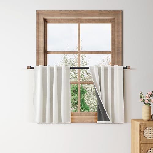 100% Blackout Cafe Linen Curtains Back Tab Small Tier 24 Inch Length Privacy Natural Elegant Mini Kitchen Curtain for Rustic Farmhouse Bathroom Bedroom Small Window Cream Ivory 26x24 - color: Natural, size: 26"W x 24"L (Pack of 2)