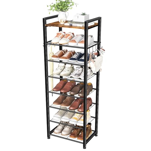 Simple Trending 8 Tiers Shoe Rack 16 Pairs Tall Wooden Shoe Shelf, Black | Wooden Plank Shoe Shelf, with Hooks for Closet Entryway, Sturdy Free Standing Shoe Storage Cabinet, 18"D x 11.37"W x 57.2"H - size: 8 Tiers