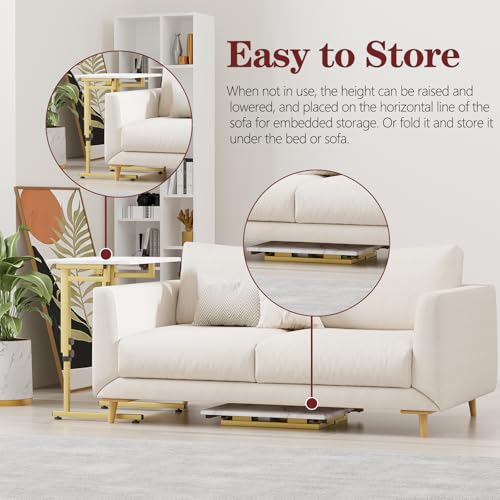 Folding tv Tray Dinner Snack Table,6 Height Adjustable Slide Under Couch Side Table, Portable Small Foldable C-Shaped End Table for Eating with Sturdy MDF Top,No Assembly(White Marble+Gold) - color: White Marble + Gold