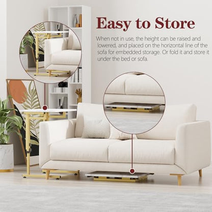 Folding tv Tray Dinner Snack Table,6 Height Adjustable Slide Under Couch Side Table, Portable Small Foldable C-Shaped End Table for Eating with Sturdy MDF Top,No Assembly(White Marble+Gold) - color: White Marble + Gold