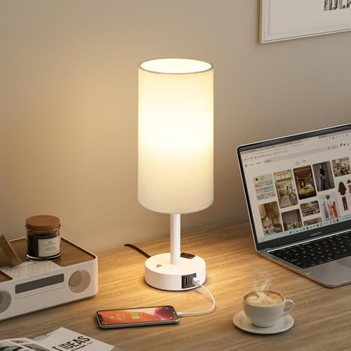 White Touch Bedside Lamp for Bedroom, Stepless Dimmable, USB A+C, AC Outlet | Base Touch Button Only, Memory Brightness, Ultra-dim Night Light, Included Bulb for Optimal Dimming, White Lamp Base, Nursery - color: White & White
