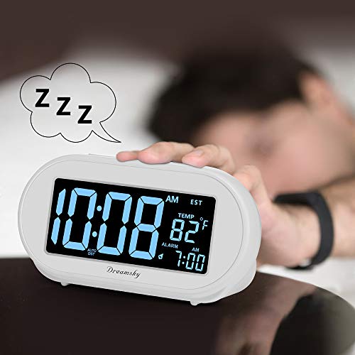 DreamSky Alarm Clocks for Bedrooms, Auto Set Digital Clock with Date & Temp | Electric Desk Clock with Dimmable Brightness Dimmer for Bedside Nightstand, Auto DST, USB Port, Temperature, Snooze - color: White