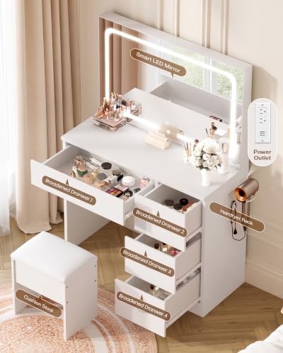 LIVELYGLOW 35.4" White Vanity Desk Set with Full-Width LED Mirror & Stool | 3 Lighting Modes, Charging Station, Cushioned Stool, 4 Drawers