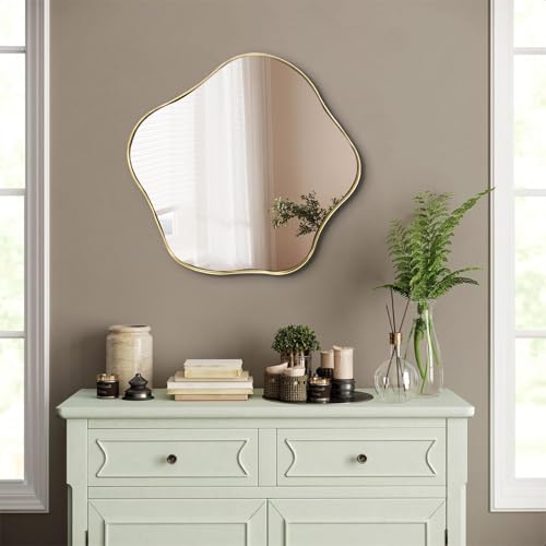 Scalloped Irregular Mirror, 20" Asymmetrical Art Deco Wall Mirror with Gold Metal Frame, Wavy Decorative Accent Mirrors for Entryway Bedroom Living Room, Horizontal or Vertical Hanging - color: Gold, size: 20"L x 20"W