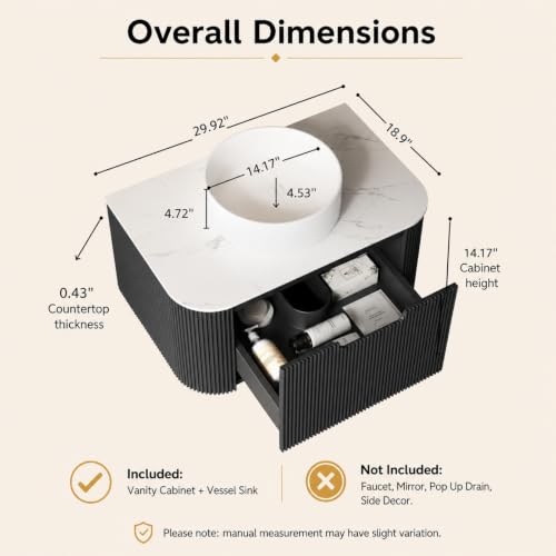 30" Floating Bathroom Vanity with Sink, Wall Mounted Plywood Cabinet, Black Fluted Front, Sintered Stone Countertop, White Round Ceramic Vessel Sink, Soft-Close Drawer, Pre-Assembled - color: Black Cabinet / White Sink, size: 30 Inch