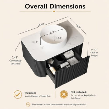 30" Floating Bathroom Vanity with Sink, Wall Mounted Plywood Cabinet, Black Fluted Front, Sintered Stone Countertop, White Round Ceramic Vessel Sink, Soft-Close Drawer, Pre-Assembled - color: Black Cabinet / White Sink, size: 30 Inch