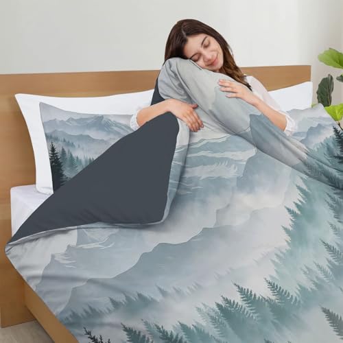 Duvet Cover Twin Size,Microfiber Reversible Mist-shrouded tranquil forest Twin Duvet Cover Set with Zipper Closure,3 Pieces Soft & Breathable Snow Mountain Range Bedding Set with 2 Pillow Shams - size: Twin（68 x 90 in）