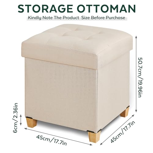 Ottoman with Storage, Square Storage Ottoman for Dorm, Linen Ottomans with Legs for Living Room, Bedroom, 17.7" D x 17.7" W x 19.9" H, Beige - color: Beige, size: 17.7"D x 17.7"W x 19.9"H
