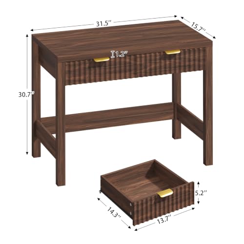 32 Inch Small Fluted Computer Desk with 2 Drawers for Bedroom, Home Office | Small Computer Desk with Storage, Compact Writing Study Desk for Small Spaces, Walnut - color: Walnut, size: 32-Inch Desk