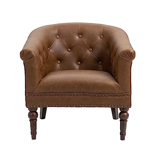 PU Leather Barrel Accent Chair, Modern Upholstered Club Chair, Brown | Comfy Living Room Chair, Nailed Trim Barrel Arm Chair Bedroom Reading Seat | 27"D x 30"W x 30"H - color: Tan