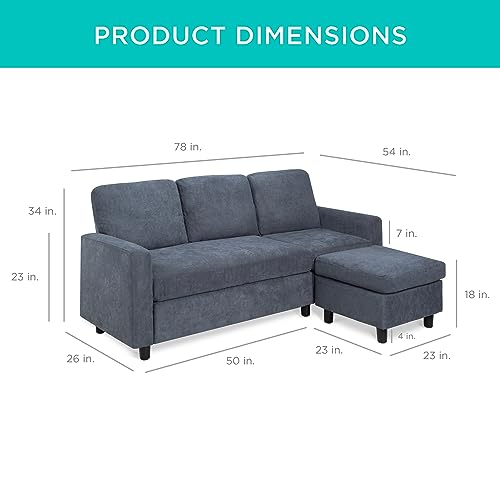 Best Choice Products Upholstered Sectional Sofa for Home, Apartment, Dorm, Bonus Room, Compact Spaces w/Chaise Lounge, 3-Seat, L-Shape Design, Reversible Ottoman Bench, 680lb Capacity - Blue/Gray - color: Linen - Blue/Gray