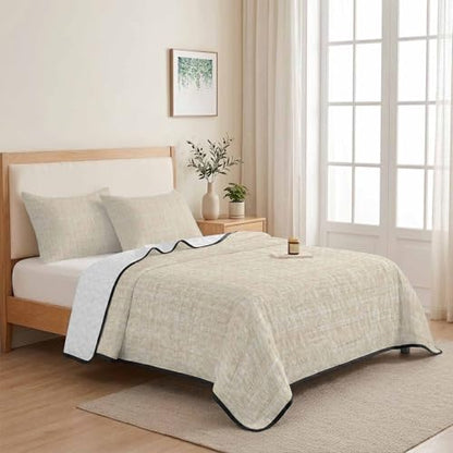 Full Quilt Bedding Set, Minimalist Beige Aesthetic Soft Microfiber Summer Bedspread Coverlet with 2 Pillow Shams for All Season, Retro Linen Textured Breathable Bedding Set for Hot Sleepers - size: Full