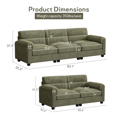 Bonzy Home Corduroy Couch Sets for Living Room, Green Loveseat Sofa & 3 Seater Couch with Overstuffed Cushion and Rolled Arms, Modern Furniture Set - color: Green, size: 2+3