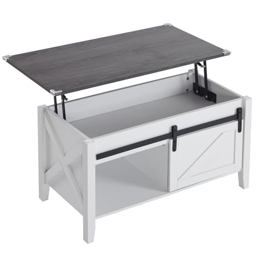 VINGLI Farmhouse Lift Top Coffee Table,36" Living Room Table,White Charcoal