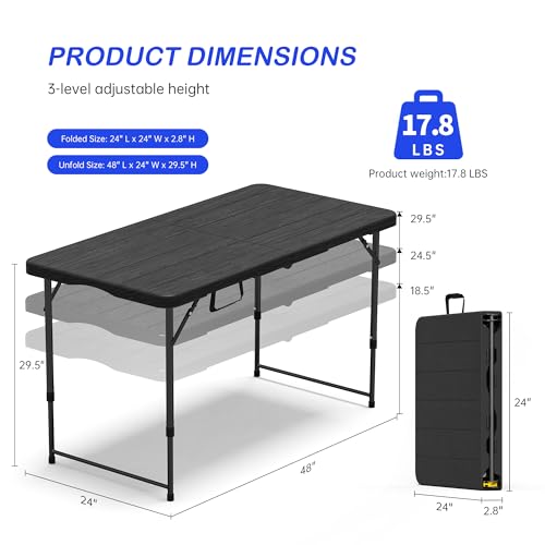 VSOAEIL 4 FT Folding Table 2 Pack Plastic Foldable Table Adjustable Height | 4 Feet Portable Heavy Duty Utility Folding Table with Handle for Picnic Party Dining Camping Indoor Outdoor,Black - 4 Foot - color: Black, size: 4 FT - 2 PACK