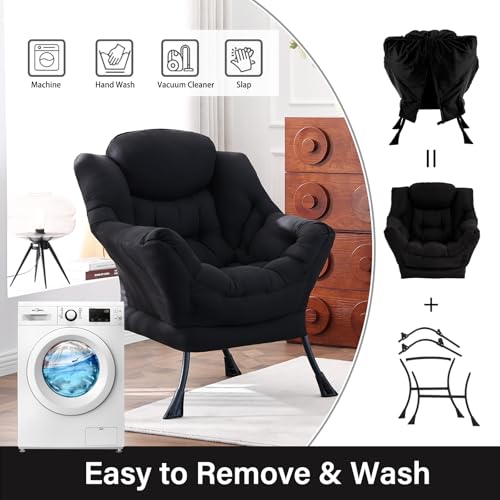 Lazy Chair, Comfy Reading Accent Chair for Bedroom, Black | Comfy Bedroom Accent Chair with Washable Removable Cover and extra throw pillowfor Living Room Dorm - color: Black-single