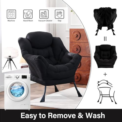 Lazy Chair, Comfy Reading Accent Chair for Bedroom, Black | Comfy Bedroom Accent Chair with Washable Removable Cover and extra throw pillowfor Living Room Dorm - color: Black-single