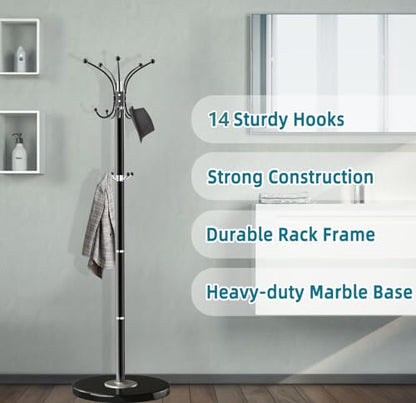 OIRUMIE Coat Rack,360°Rotary Coat Rack Stand,Coat Hanger Stand for Entryway | Metal Coat Rack Freestanding with Natural Marble Base & 14 Hooks,Black Modern Coat Stand, Clothes Hall Stand for Hallway - color: Black-14 Hooks