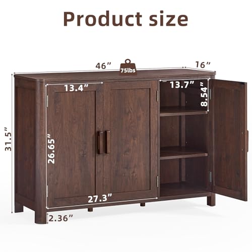 Joaxswe Walnut Sideboard Buffet Cabinet, 46" Arc-Shaped Storage Credenza | 3 Doors & Adjustable Shelves, Stable Leg Base, Mid Century Modern Coffee Bar Cabinet for Kitchen, Living Room, Entryway - color: Walnut, size: 3 door