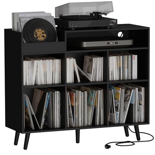 Large Record Player Stand with Vinyl Storage Cabinet, Wood Turntable Table Open Shelf Holder Up to 500 Albums Cube Storage Organizer for Living Room, Office, Black - color: Black