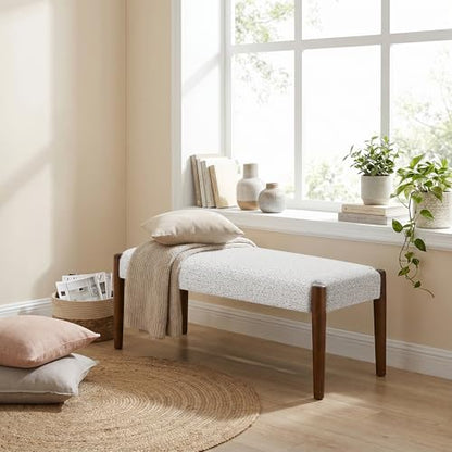 Usaint 42" End of Bed Bench with Wood Legs, Heathered White with Walnut Leg | Modern Upholstered Bedroom Bench with Rubberwood Legs, Entryway Bench with Cushion, Dining Bench for Living Room, Bedroom - color: Heathered Off-white With Walnut Leg