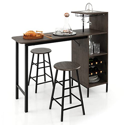 GOFLAME Bar Table Set for 2, Counter Height Dining Table Set with Shelves, Cup Holder & Wine Rack, Breakfast Table & Stools Set, 3-Piece Pub Table Set for Kitchen, Dining Room, Brown - color: Brown