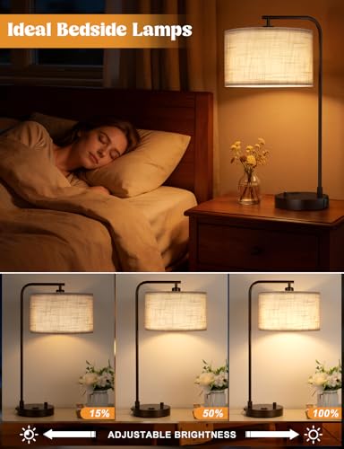 Innqoo Grey Tall Lamp for Bedroom with USB Port and Outlet, Dimmable Nightstand Bedside Lamps with Linen Lampshade, Desk Lamp for Home Office, Living Room, Guest Room, LED Bulb Included - color: H-Gray Shade & Brown Base
