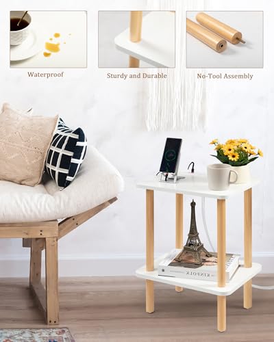 FORAOFUR End Table with Charging Station, End Tables with USB Ports and Outlets, Small Side Table for Living Room, Bedroom & Office, Two-Tier Narrow Side Table, Easy Assembly | Slim profile for bedroom or office corners, USB & outlets, tool-free assembly